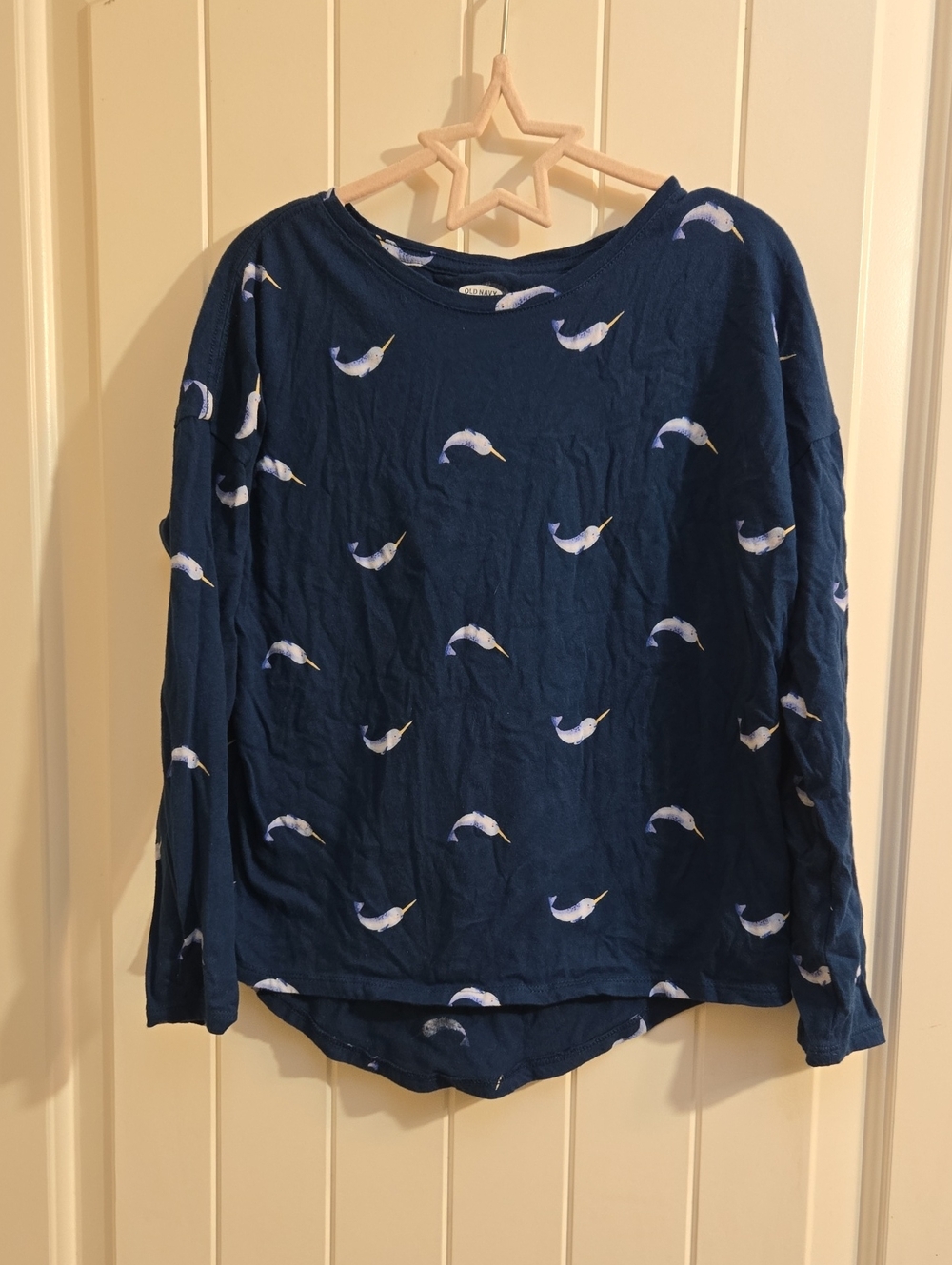 Old Navy Kids Medium (8) Cotton Softest Tee  Navy Long-Sleeve Narwhal Print Tee